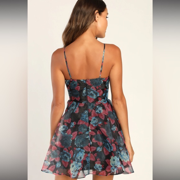 Lulus Gorgeous Ideas Navy Blue Floral Organza Skater Mini Dress Size Medium - Picture 2 of 6
